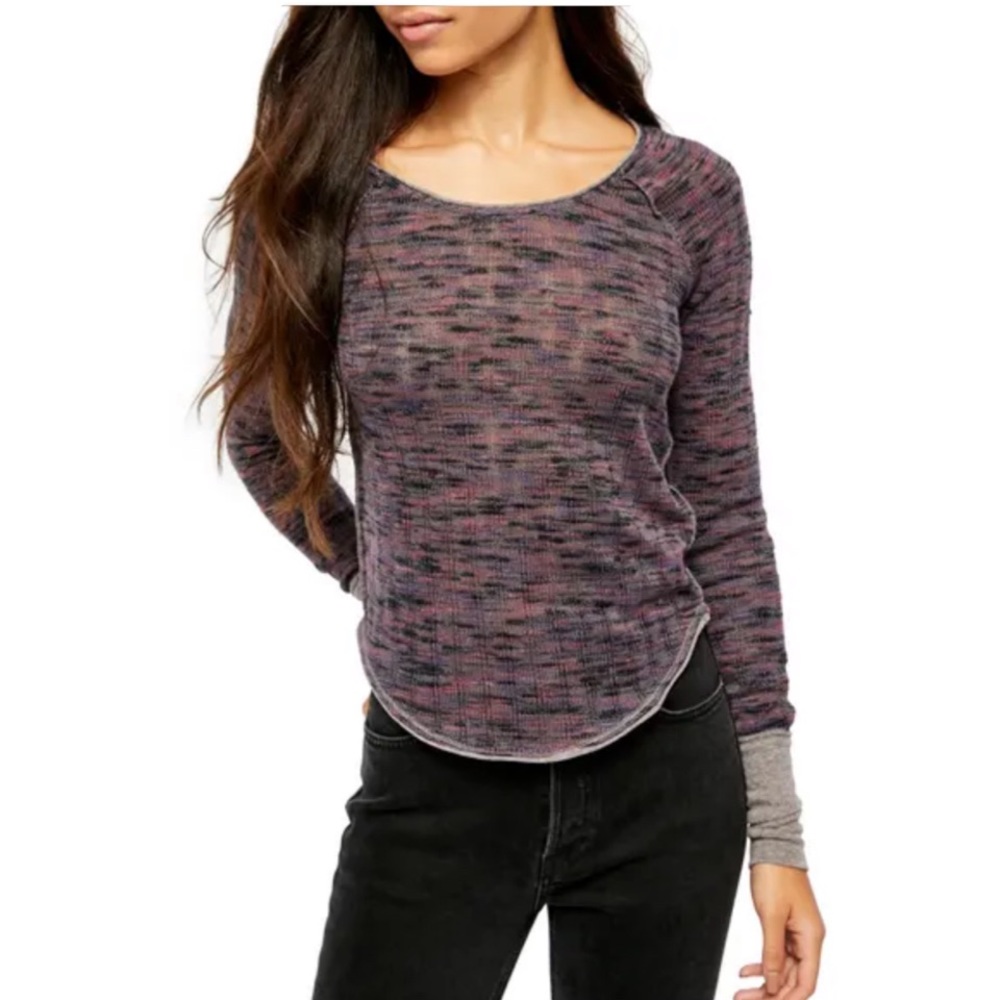 NWT XS FREE PEOPLE night combo long sleeves colorblock purple grey knit tee